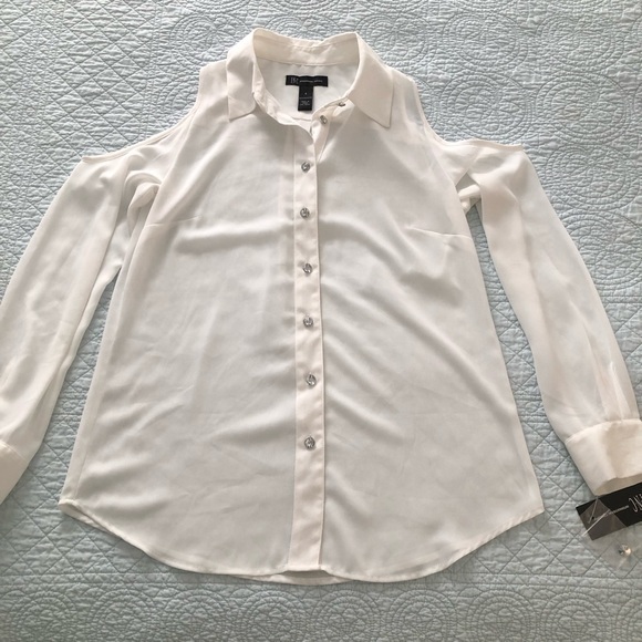 INC International Concepts long sleeve sheer cold shoulder blouse. Size 4. NWT. - Picture 1 of 9